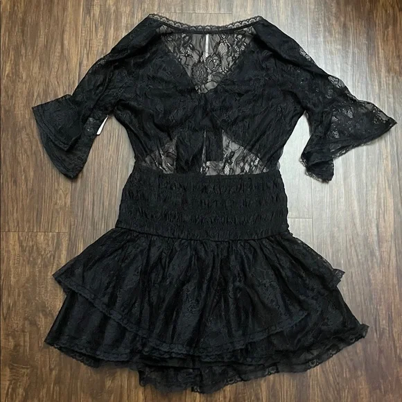 NWT Free people Lala Lace Mini Dress Black medium